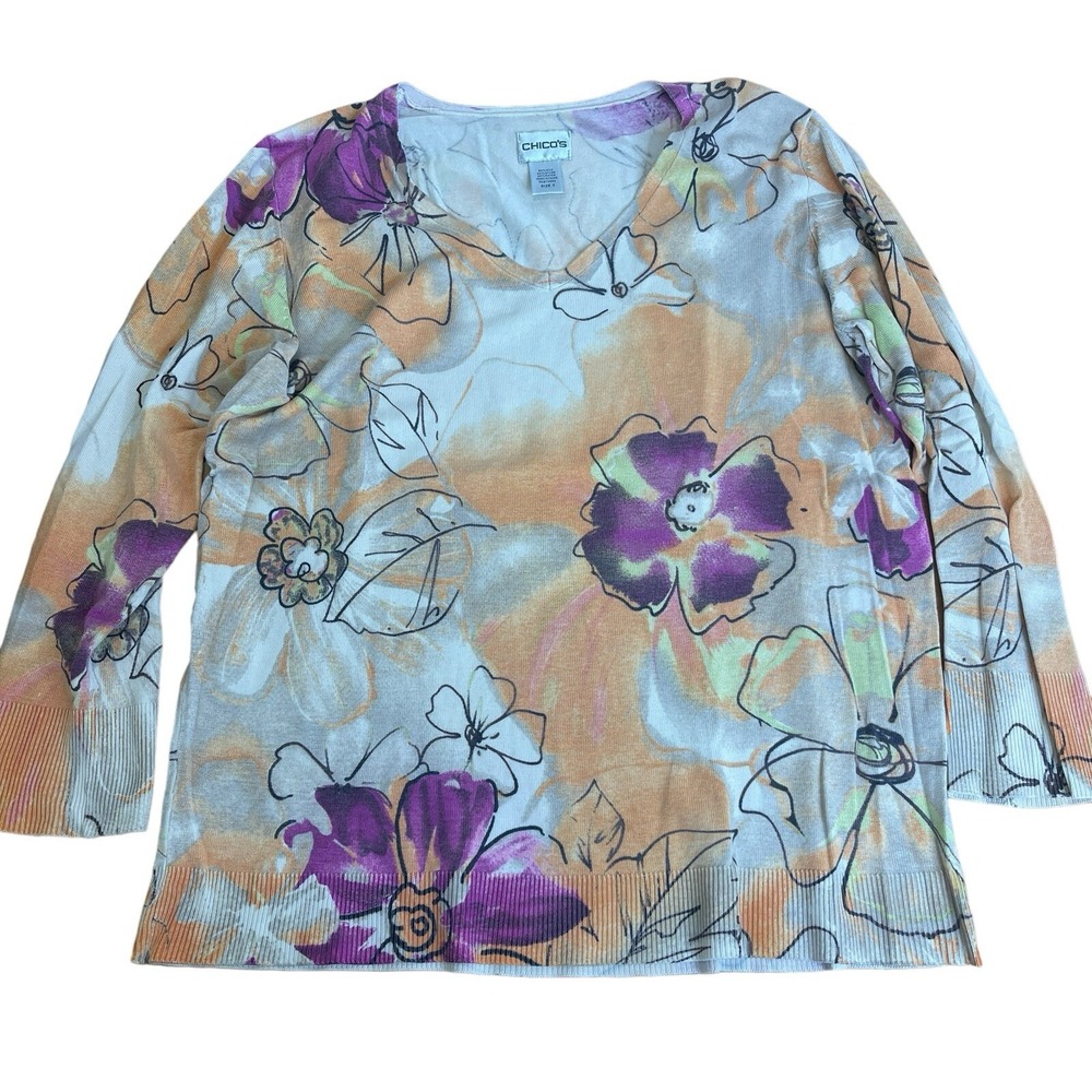 Chicos Sz 2 V-Neck 3/4 Sleeve Orange Purple Floral Print Top Tee Blouse Medium